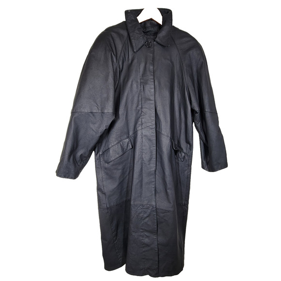 Vintage Comint Leather Trench Coat Womens Medium Black Long Overcoat Gorpcore - Picture 1 of 15